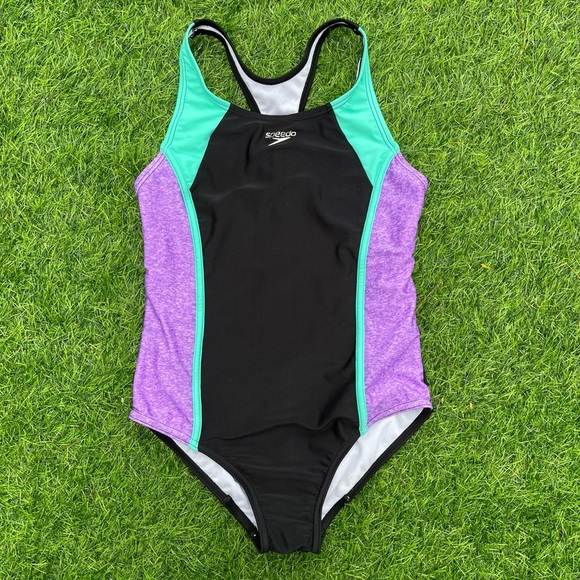 Speedo Swimsuit One Piece Racerback Green Purple Black Lined Girls Lg Preowned - Picture 4 of 4